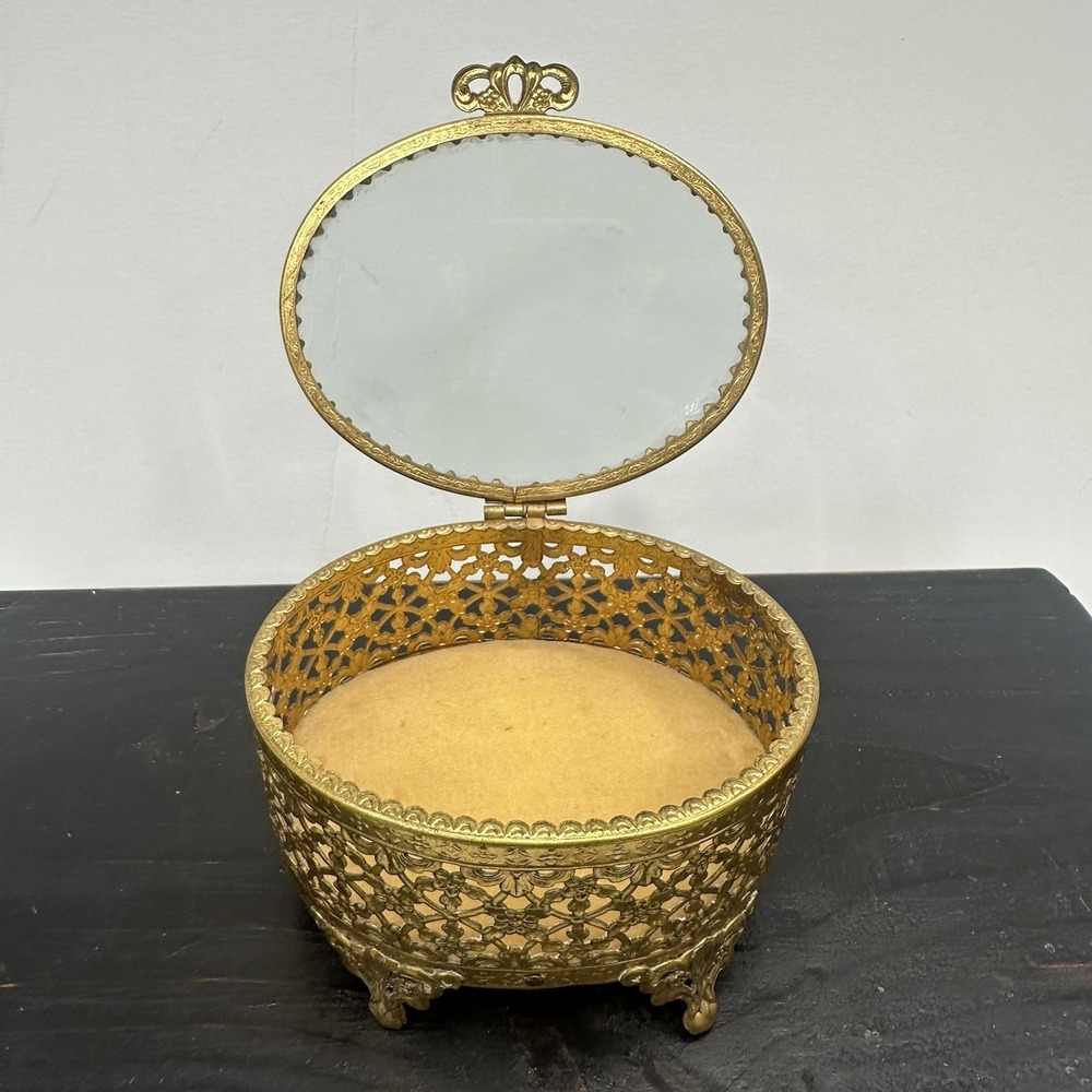 Ornate Gold Gilt Metal Beveled Glass Footed Curio Jewelry Display Trinket Box